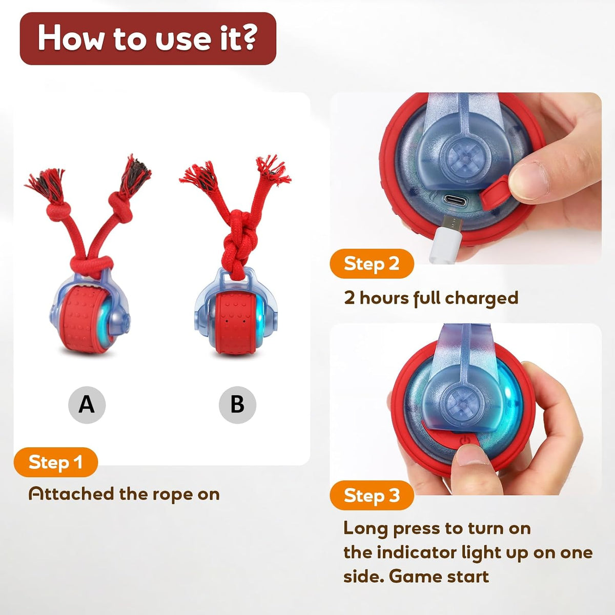 Dog Toys Interactive Rolling Ball with Rope, Motion-Activated