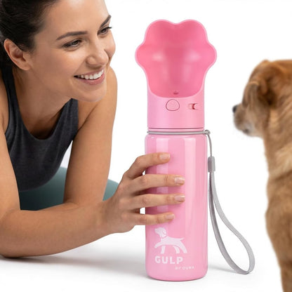 Duna Gulp 18oz Dog Travel Water Bottle with Paw-Shaped Bowl - Insulated Stainless Steel, Leakproof & Portable with Carry Strap for Outdoor Walking, Hiking & Pet Hydration on-the-Go - Pink