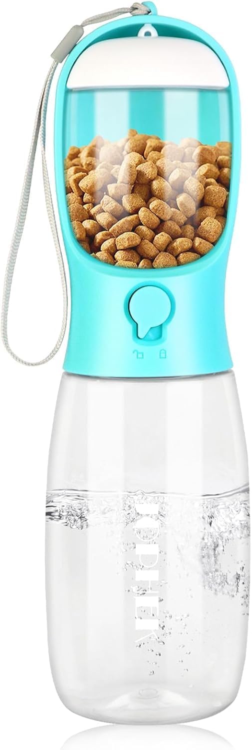 Portable Dog Water Bottle with Food Container & Filter, 12oz Travel Pet Water Dispenser for Hiking, Camping & Beach