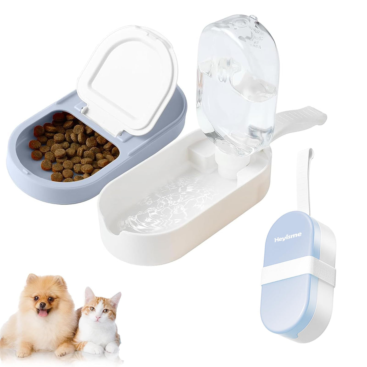 2-in-1 Dog Bowl & Water Bottle, Large Food Container for Dog Treats, Steak, Sticks, Bars - Portable Pet Dispenser for Hiking, Travel (Blue)