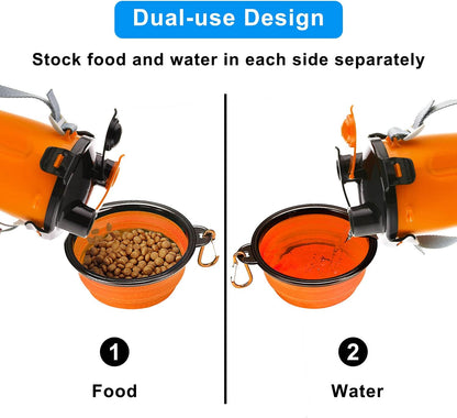 Dog Travel Water Bottle Collapsible Bowls, 2 in 1 Pet Food Container with Collapse Bowls, Outdoor Portable Water Bowls for Walking, Traveling, Camping and Hiking (Orange)