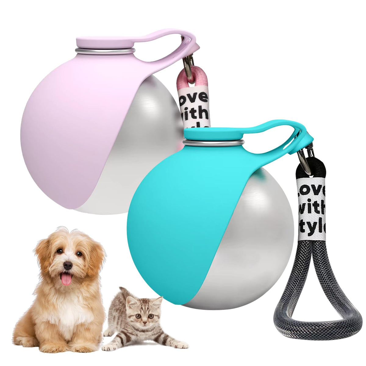 2in1 Portable Dog Water Bottle Portable,10oz Stainless Steel Leak Proof Pet Water Bottle Portable Dog Water Bottle Silicone Bowl,Outdoor Travel Water Bottle for Dogs Walking Hiking Camping, Pink