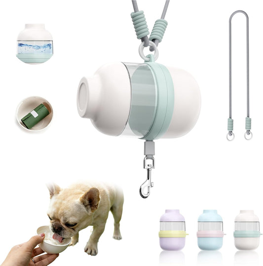 3 in 1 Dog Water Bottle with Crossbody Strap, Portable Dog Travel Water Bottle with Treat & Poop Bag Dispenser for Small Dogs Walking Hiking(Off-White)