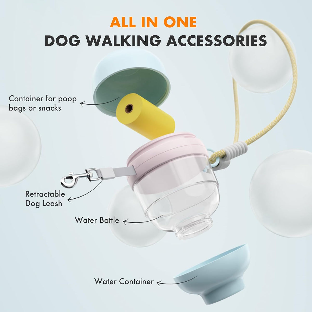 3 in 1 Dog Water Bottle with Crossbody Strap, Portable Dog Travel Water Bottle with Treat & Poop Bag Dispenser for Small Dogs Walking Hiking(Off-White)