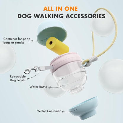 3 in 1 Dog Water Bottle with Crossbody Strap, Portable Dog Travel Water Bottle with Treat & Poop Bag Dispenser for Small Dogs Walking Hiking(Off-White)