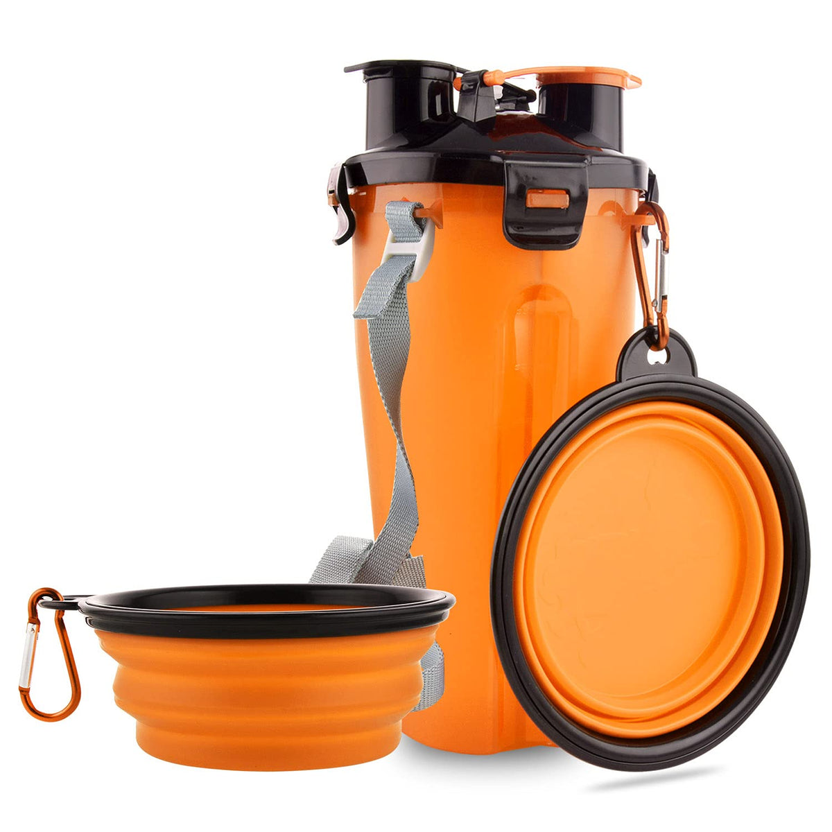 Dog Travel Water Bottle Collapsible Bowls, 2 in 1 Pet Food Container with Collapse Bowls, Outdoor Portable Water Bowls for Walking, Traveling, Camping and Hiking (Orange)