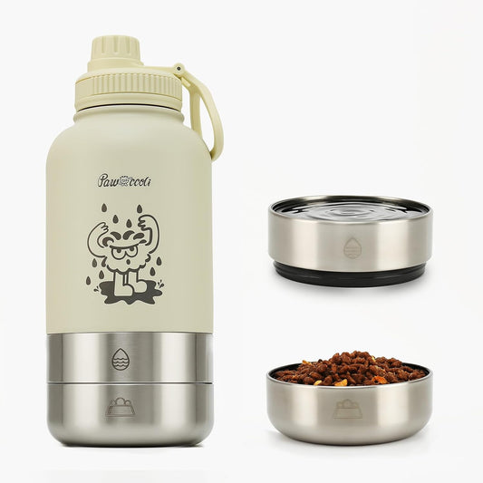 34oz Dog Water Bottle, Stainless Steel Dog Water Bottle Dispenser with Detachable Food & Water Bowls, Keeps Water Hot/Cold, for Walking, Hiking, Camping(Cream)