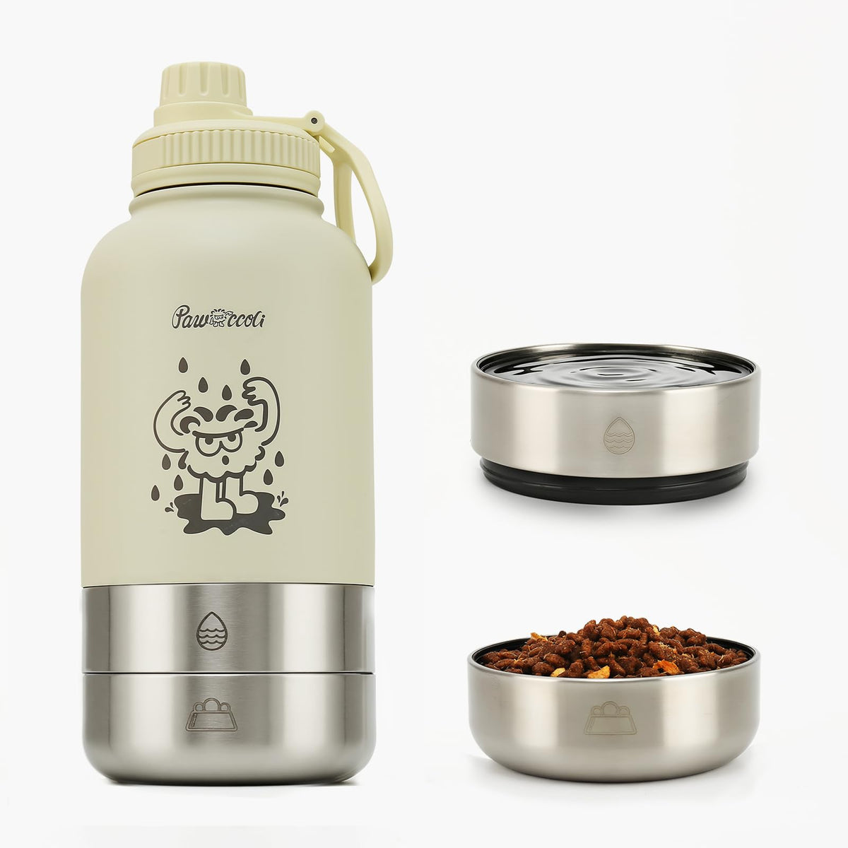 34oz Dog Water Bottle, Stainless Steel Dog Water Bottle Dispenser with Detachable Food & Water Bowls, Keeps Water Hot/Cold, for Walking, Hiking, Camping(Cream)
