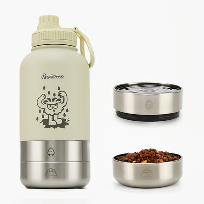 34oz Dog Water Bottle, Stainless Steel Dog Water Bottle Dispenser with Detachable Food & Water Bowls, Keeps Water Hot/Cold, for Walking, Hiking, Camping(Cream)