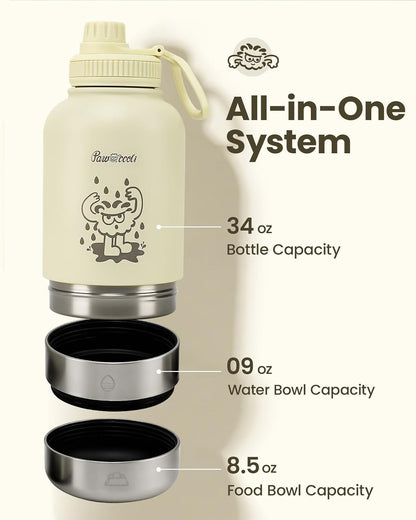 34oz Dog Water Bottle, Stainless Steel Dog Water Bottle Dispenser with Detachable Food & Water Bowls, Keeps Water Hot/Cold, for Walking, Hiking, Camping(Cream)