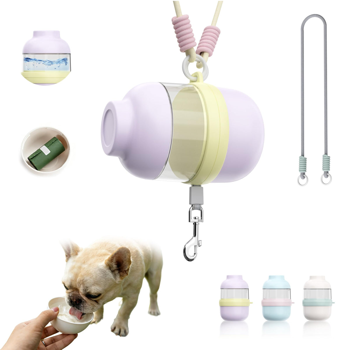 3 in 1 Dog Water Bottle with Crossbody Strap, Portable Dog Travel Water Bottle with Treat & Poop Bag Dispenser for Small Dogs Walking Hiking(Off-White)