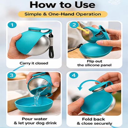 2 in 1 Portable Tumbler for Dogs, 2026 New 10Oz Stainless Steel Dog Water Bottle with Silicone Foldable Bowl, Leak-Proof 2 in 1 Portable Small Dog Water Bottle for Walking, Hiking & Travel (10Oz-Blue)