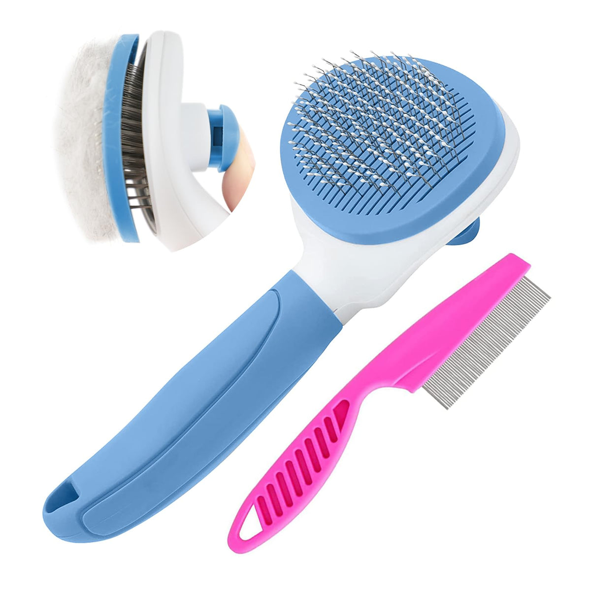Cat Brushes for Indoor Cats, Dog Brush for Shedding with Metal Cat Comb, Self Cleaning Pet Hair Brush with Release Button for Grooming Kitten(Pink)