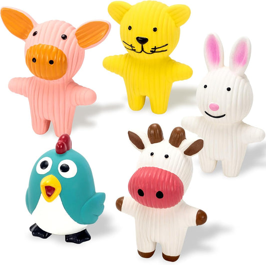 LECHONG 5 Pack Latex Dog Toys for Small Dogs – Squeaky Squeeze Toys, Puppy Teething Chew Toys, Soft Rubber Pet Toys, 4.7” Cute Farm Animal Set (Cow, Rabbit, Cat, Pig, Rooster)
