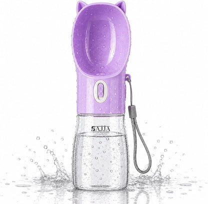 Dog Water Bottle Dispenser 380ml – Leak-Proof Lock, One-Hand Operation | Portable Pet Travel Water Bottle with Built-in Bowl | Purple-Don't Forget to Claim Your