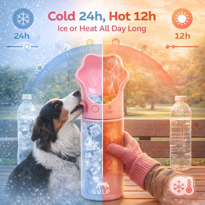 Duna Gulp 18oz Dog Travel Water Bottle with Paw-Shaped Bowl - Insulated Stainless Steel, Leakproof & Portable with Carry Strap for Outdoor Walking, Hiking & Pet Hydration on-the-Go - Pink