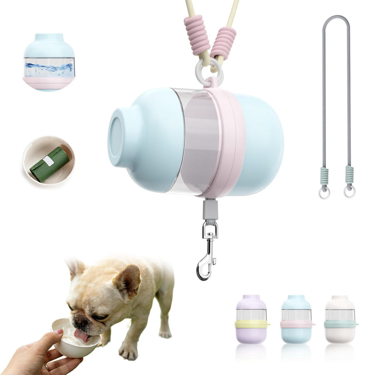 3 in 1 Dog Water Bottle with Crossbody Strap, Portable Dog Travel Water Bottle with Treat & Poop Bag Dispenser for Small Dogs Walking Hiking(Off-White)
