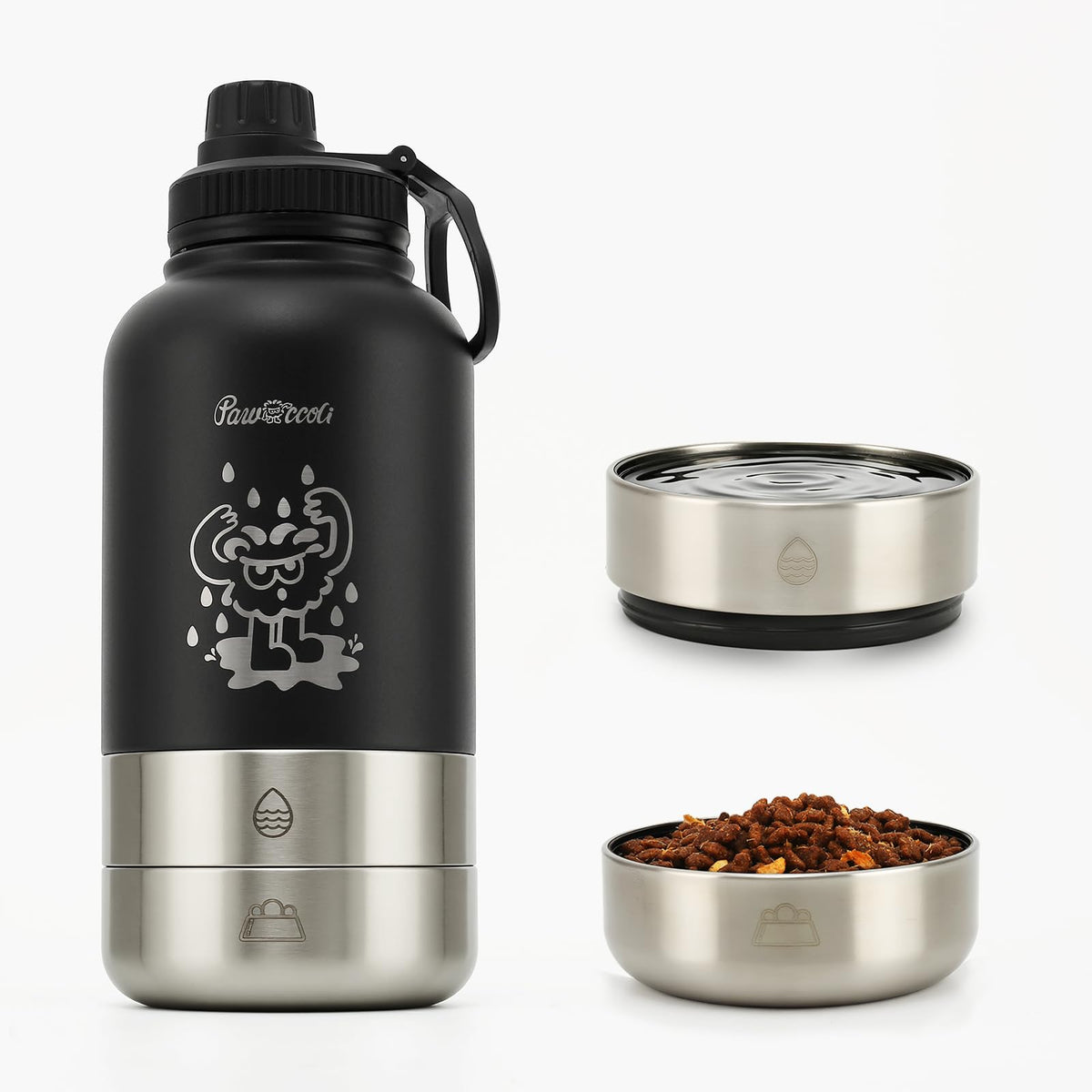 34oz Dog Water Bottle, Stainless Steel Dog Water Bottle Dispenser with Detachable Food & Water Bowls, Keeps Water Hot/Cold, for Walking, Hiking, Camping(Cream)