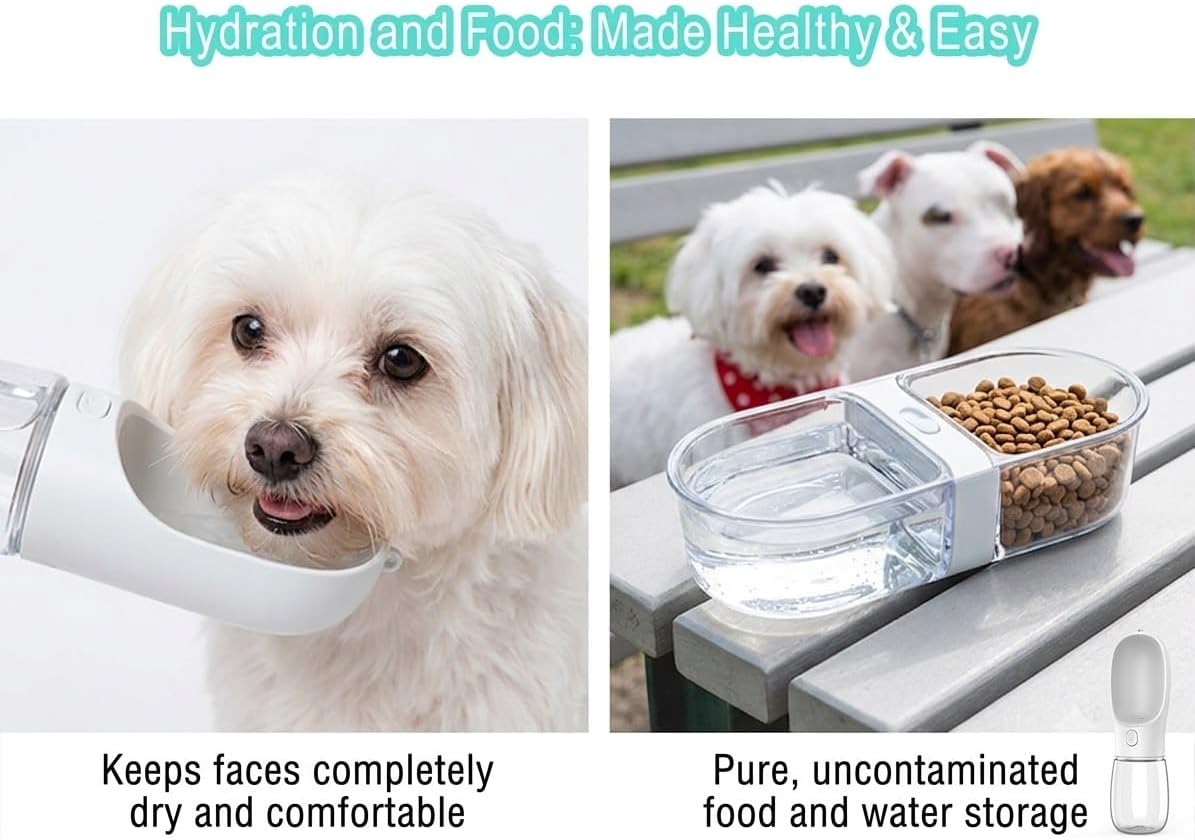 Portable Dog Water Bottle with Food Container & Filter, 12oz Travel Pet Water Dispenser for Hiking, Camping & Beach