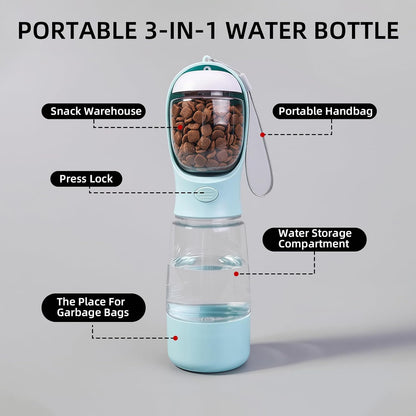 3-in-1 Portable Dog Water Bottle Leak Proof 14oz Blue