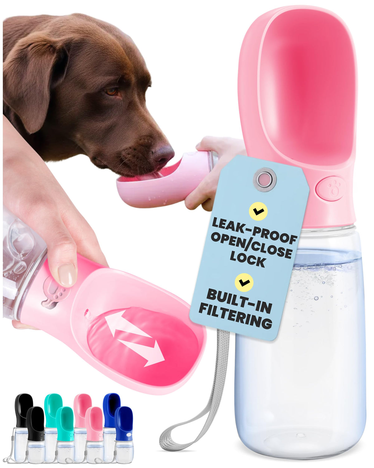 MalsiPree On the Go Dog Water Bottle - 12 oz Pink, Leak-Proof