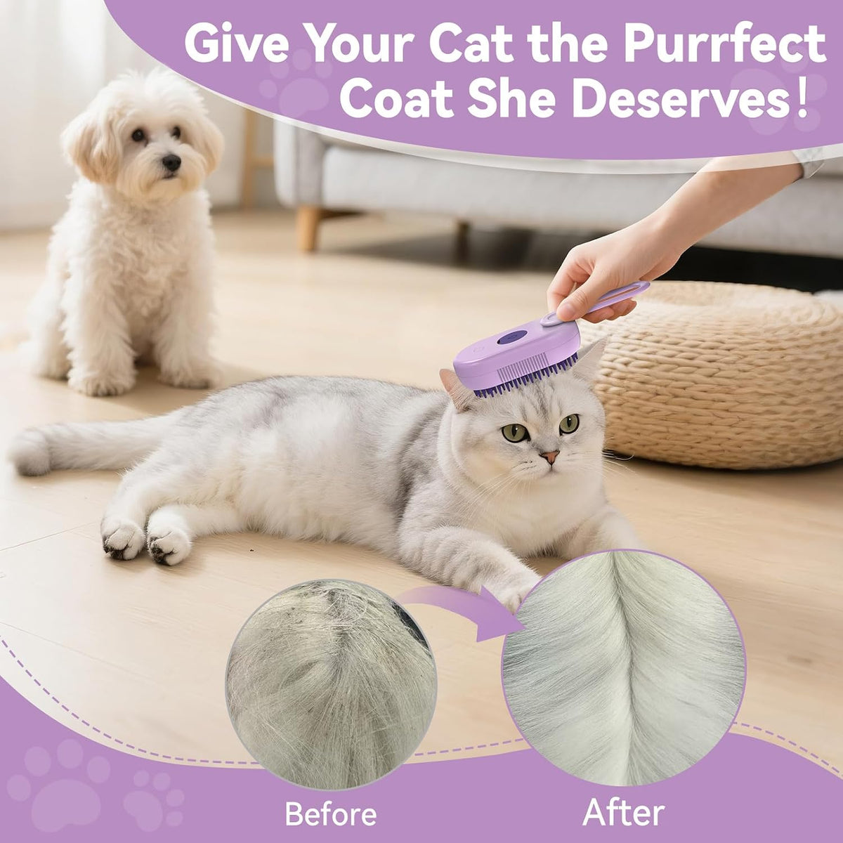 Pet Grooming Brush with Gentle Cool Water Mist for Long & Short Haired Cats and Dogs（Purple）