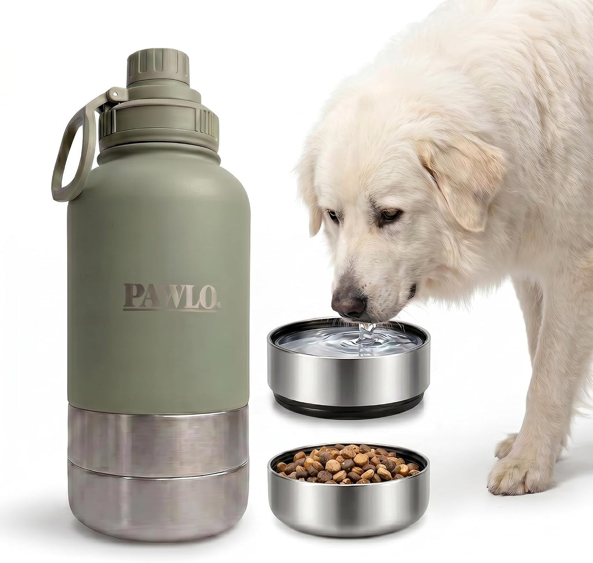 Outdoor Dog Water Bottle with 2 Stainless Steel Bowls — PAWLO 3-in-1 Portable Insulated 32oz Travel Dispenser for Hiking, Walking, Camping, Road Trips — Leakproof Dog Bowl Set with Lid (Sage Green)