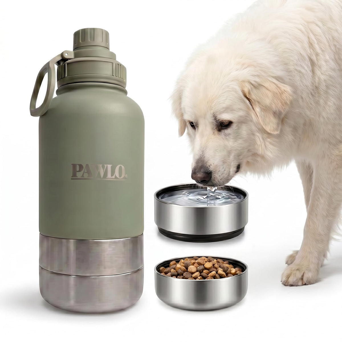 Outdoor Dog Water Bottle with 2 Stainless Steel Bowls — PAWLO 3-in-1 Portable Insulated 32oz Travel Dispenser for Hiking, Walking, Camping, Road Trips — Leakproof Dog Bowl Set with Lid (Sage Green)