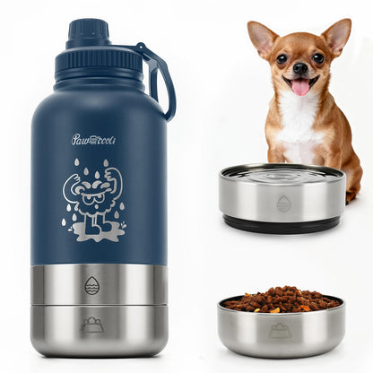 34oz Dog Water Bottle, Stainless Steel Dog Water Bottle Dispenser with Detachable Food & Water Bowls, Keeps Water Hot/Cold, for Walking, Hiking, Camping(Cream)