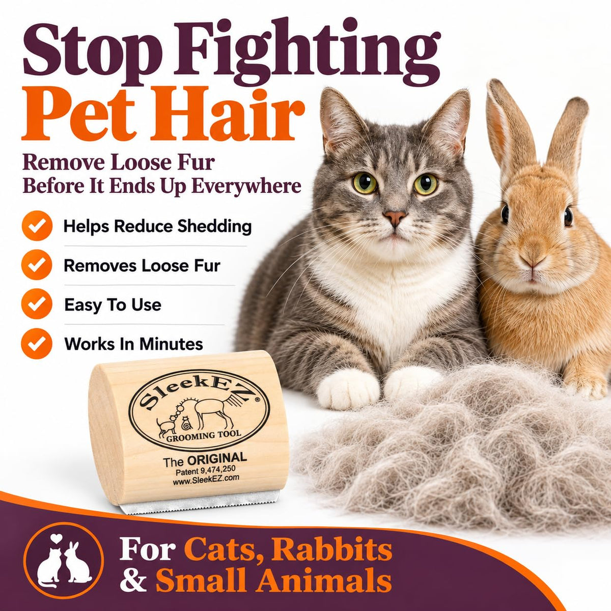 SleekEZ Cat Brush for Shedding - Deshedding Brush for Cats - Patented Grooming Tool for Removing Loose Fur, Undercoat & Hair - Made in USA - Works on Short, Medium & Long Coats