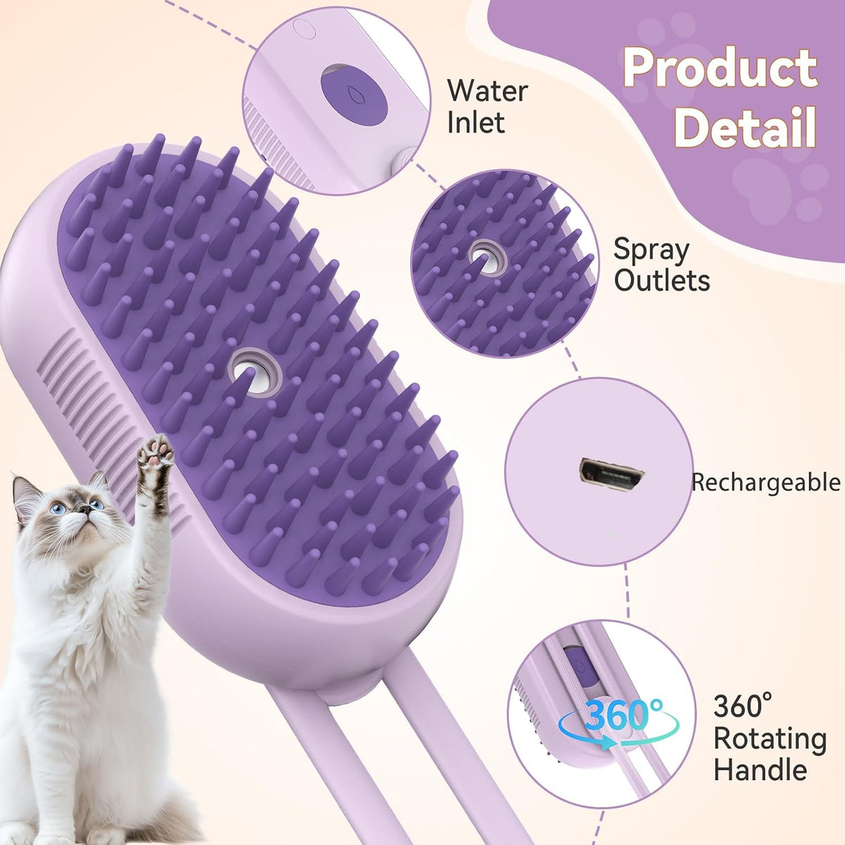 Pet Grooming Brush with Gentle Cool Water Mist for Long & Short Haired Cats and Dogs（Purple）