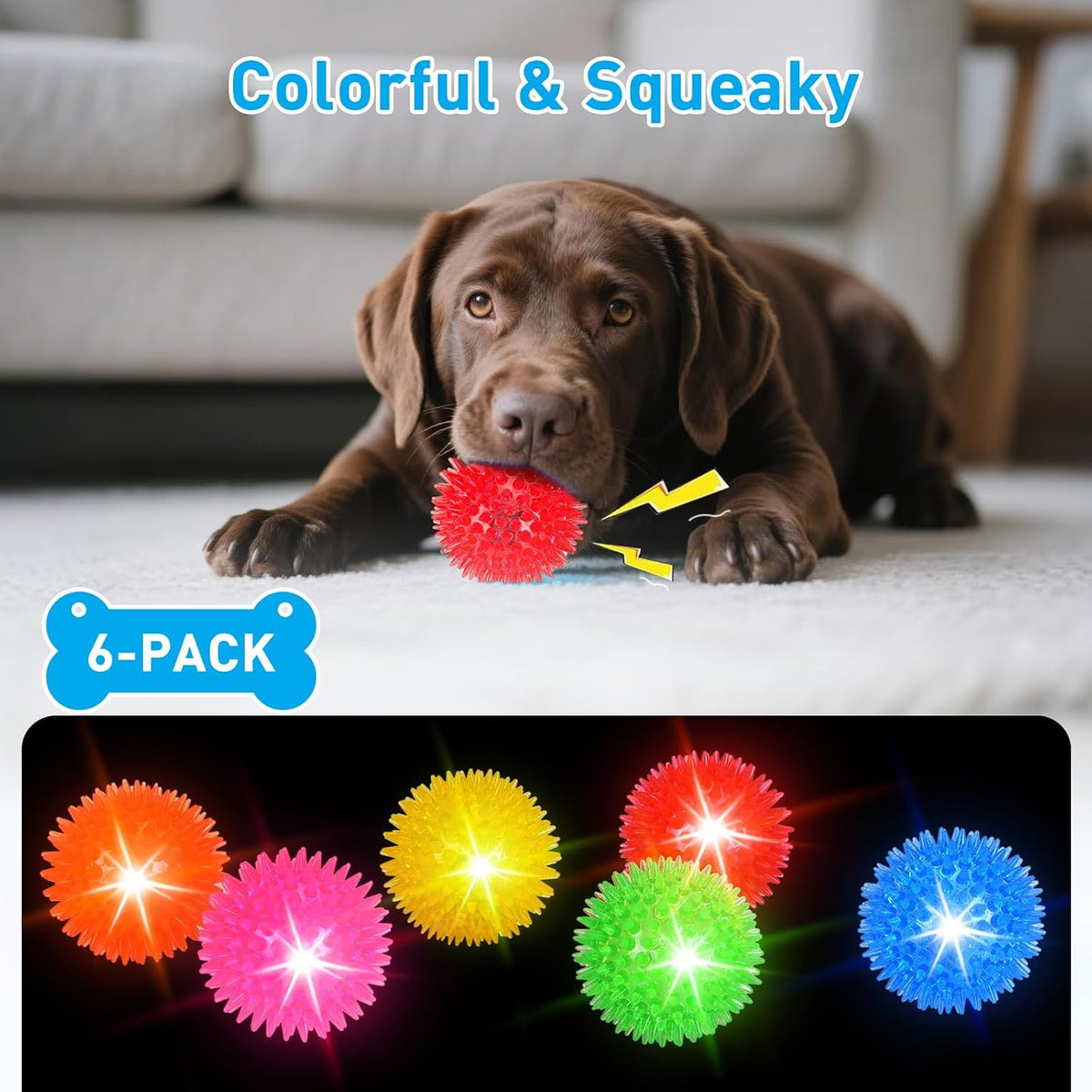 Novkin 6 Pack 2.5" LED Light Up Dog Balls, Squeaky Spiky Dog Toys for Aggressive Chewers, Durable Glow in The Dark Interactive Fetch Balls for Small Medium Large Dogs, Floating & BPA Free Non-Toxic