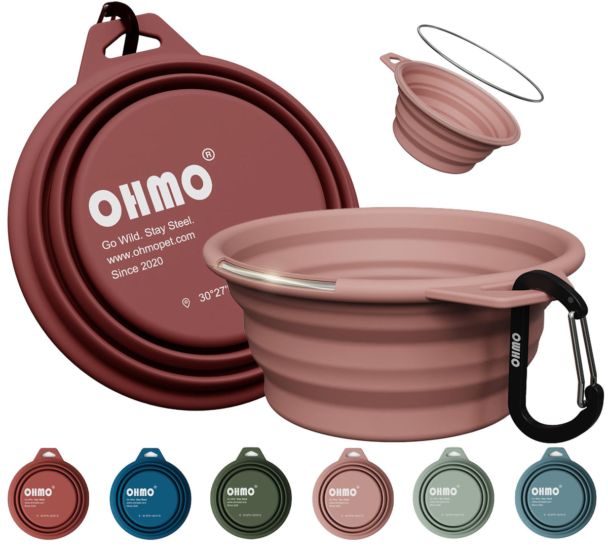 OHMO Collapsible Dog Bowls for Pet Travel, 12oz, 2pcs, Coral&Brick Red