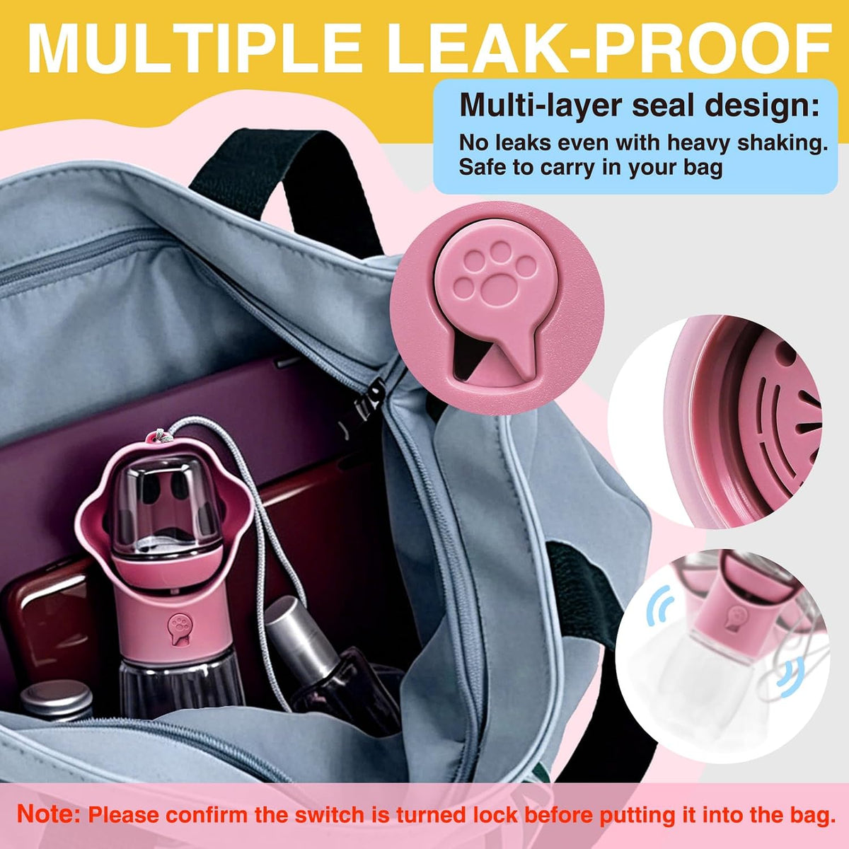 Dog Water Bottle with Food Container, Portable Pet Dispenser, Leak Proof, Hiking, Puppy Travel, Outdoor Activities(11.16 fl.oz/330ml, Pink)