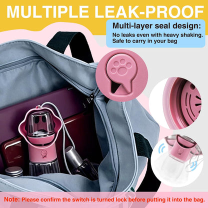 Dog Water Bottle with Food Container, Portable Pet Dispenser, Leak Proof, Hiking, Puppy Travel, Outdoor Activities(11.16 fl.oz/330ml, Pink)