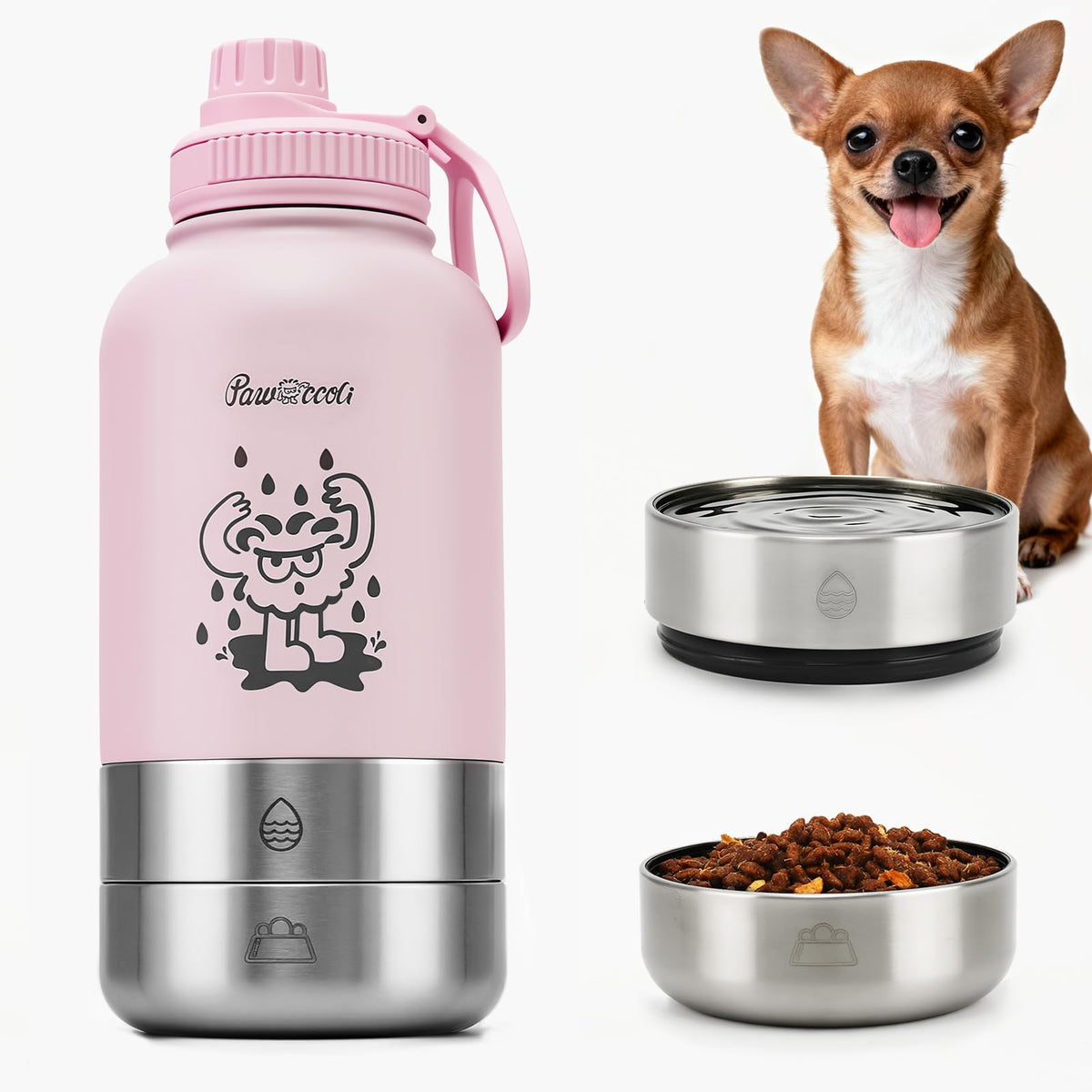 34oz Dog Water Bottle, Stainless Steel Dog Water Bottle Dispenser with Detachable Food & Water Bowls, Keeps Water Hot/Cold, for Walking, Hiking, Camping(Cream)
