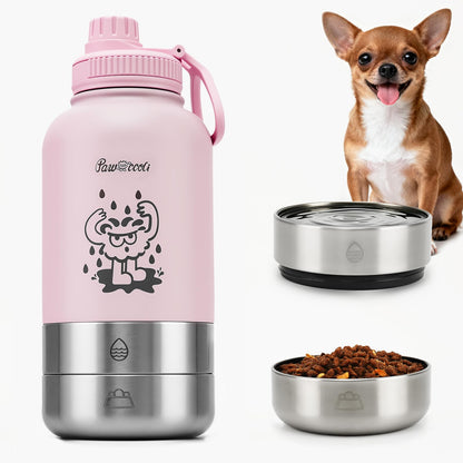 34oz Dog Water Bottle, Stainless Steel Dog Water Bottle Dispenser with Detachable Food & Water Bowls, Keeps Water Hot/Cold, for Walking, Hiking, Camping(Cream)