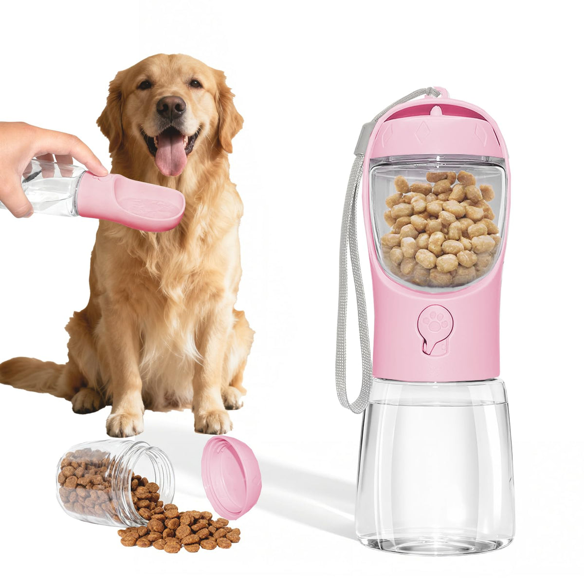 Portable Dog Water Bottle with Food Container, Pink, 12oz