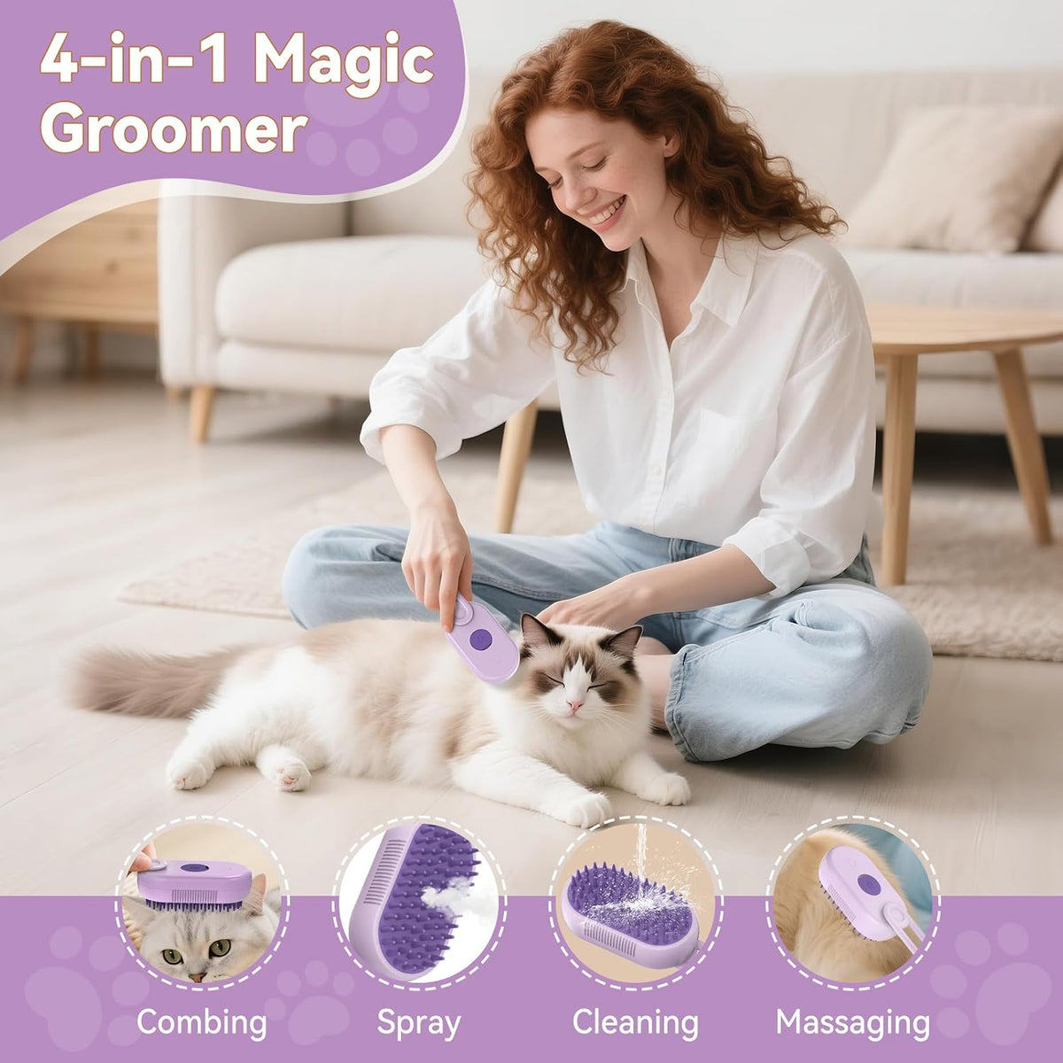 Pet Grooming Brush with Gentle Cool Water Mist for Long & Short Haired Cats and Dogs（Purple）
