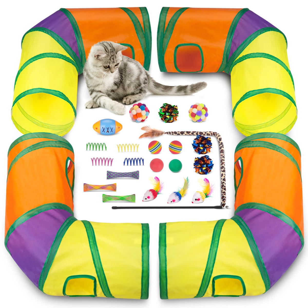 Retro Shaw 33Pcs Cat Toys Pack for Indoor Cats Kitten, with Cube Tunnel