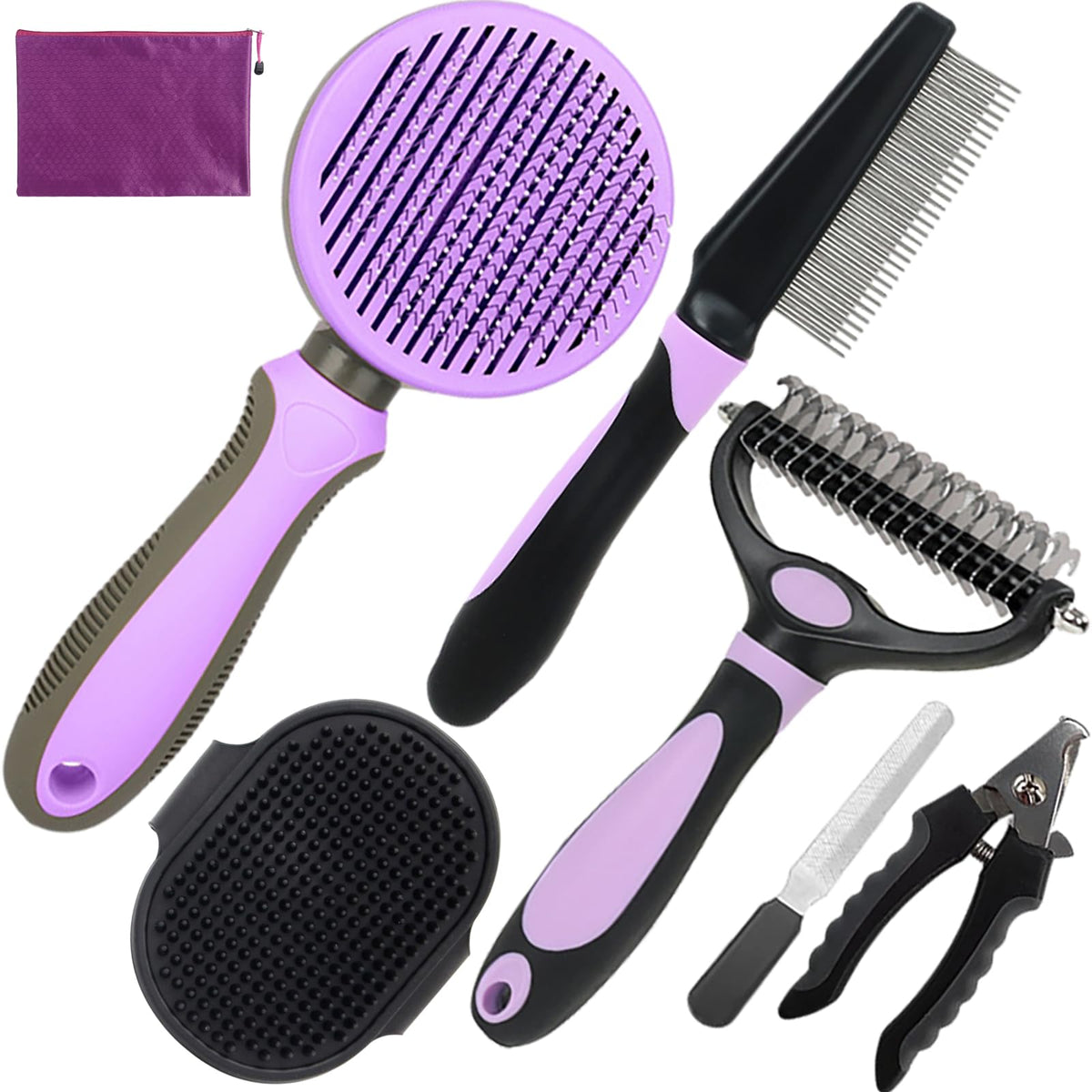 Pet Grooming Kit - 7 PCS Green Deshedding Brush Set with Undercoat Rake, Slicker Brush, Bath Brush & Nail Clipper for Short & Long-Haired Dogs and Cats