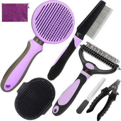 Pet Grooming Kit - 7 PCS Green Deshedding Brush Set with Undercoat Rake, Slicker Brush, Bath Brush & Nail Clipper for Short & Long-Haired Dogs and Cats