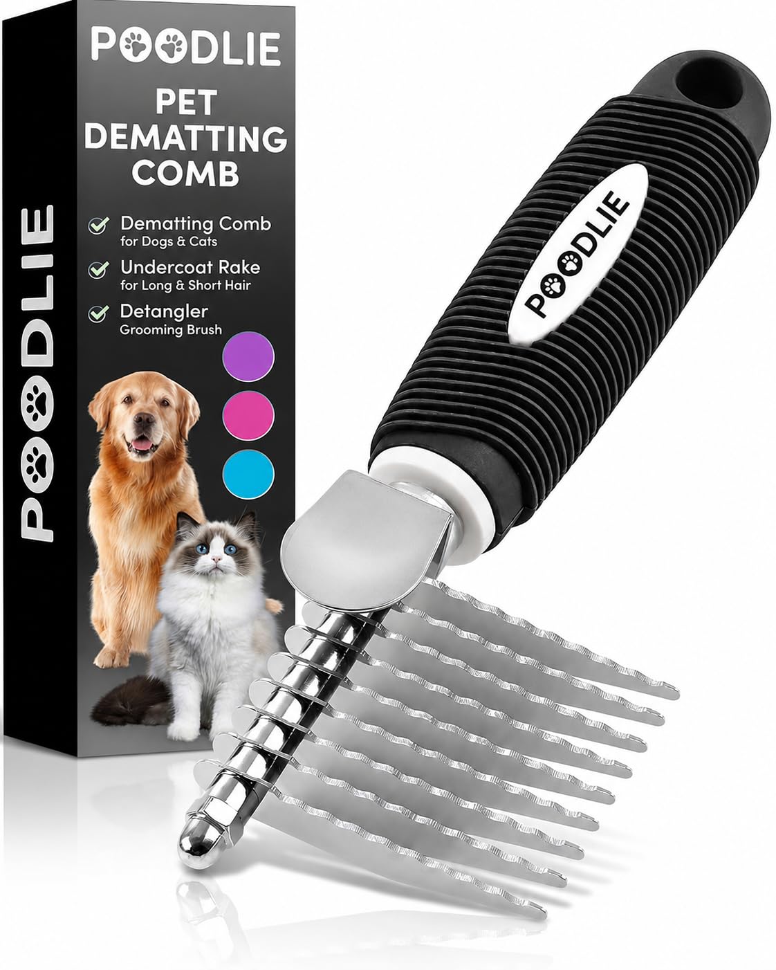 Poodle Dematting Fur Rake Comb Brush for Dogs and Cats - Long 2.5" Steel Safety Blades Metal Comb for Detangling Matted or Knotted Undercoat Hair