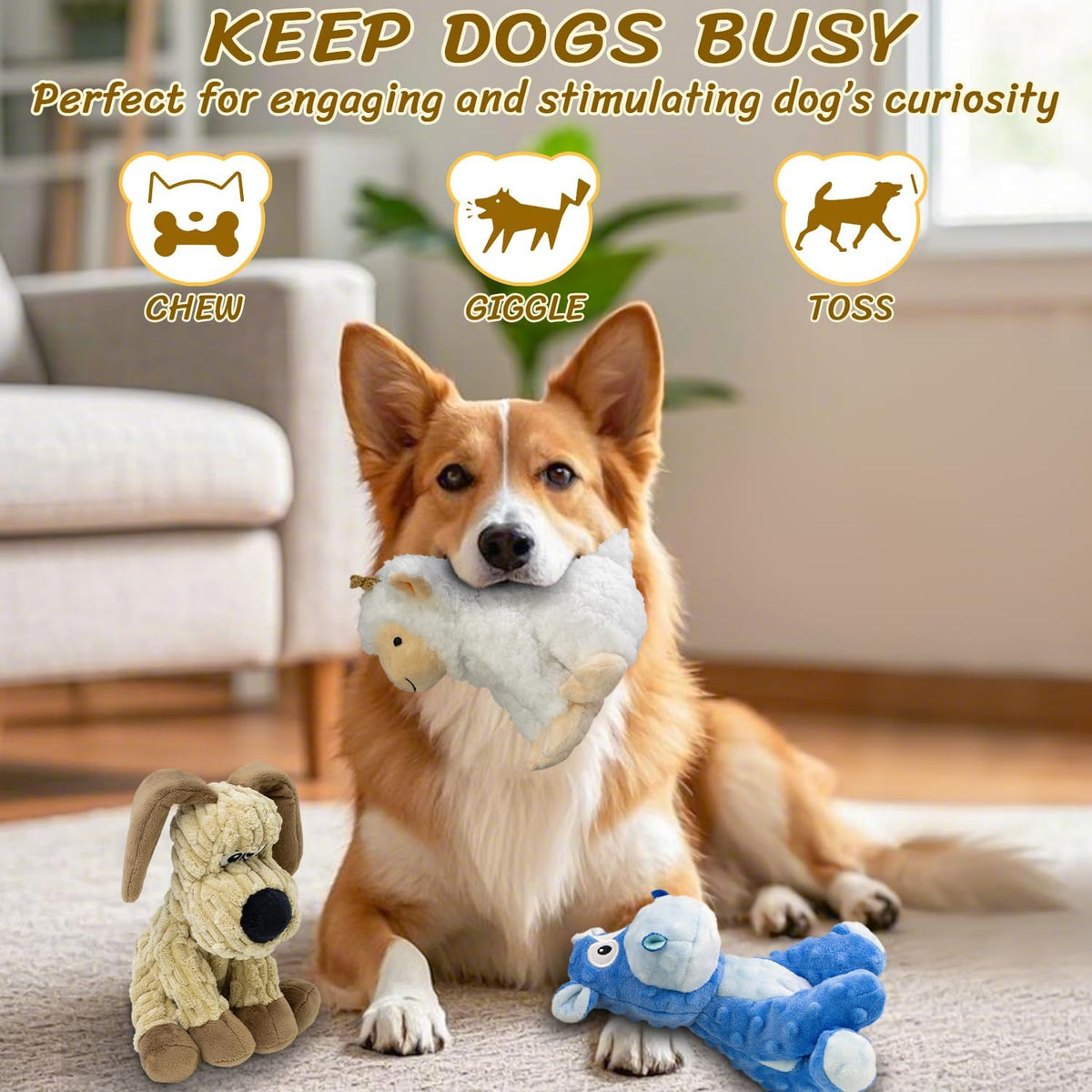 Squeaky Stuffed 3PCS Dog Toys, Chew for Large Medium Small Breeds