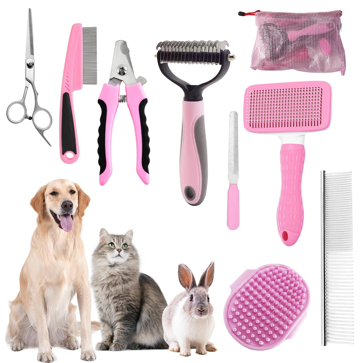 Dog Brush for Shedding,6 PCS in One Pet Slicker Hair Brush Kit Organizer Bag - Dog Cat Grooming Deshedding Undercoat Rake Brush Comb for All Small Large Dogs Cats Grey