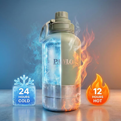Outdoor Dog Water Bottle with 2 Stainless Steel Bowls — PAWLO 3-in-1 Portable Insulated 32oz Travel Dispenser for Hiking, Walking, Camping, Road Trips — Leakproof Dog Bowl Set with Lid (Sage Green)