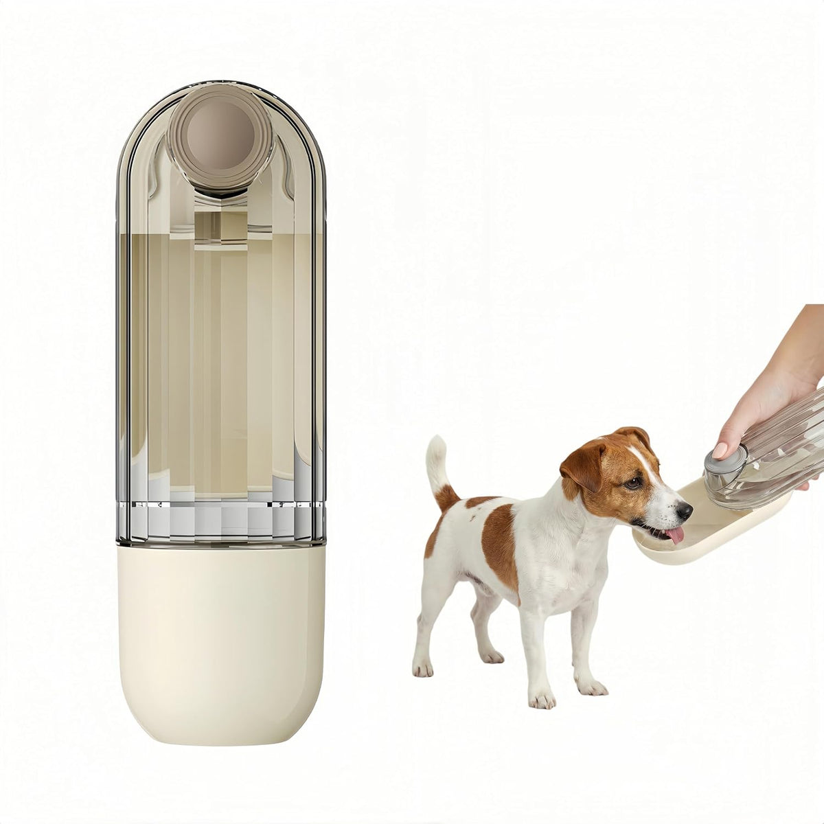 Portable Dog Water Bottle with Food Container, 2-in-1 Pet Water Dispenser & Travel Bowl, Leak-Proof Puppy Water Bottle for Small Dogs & Cats, Perfect for Walking, Hiking, Dog Mom Gifts (Beige)