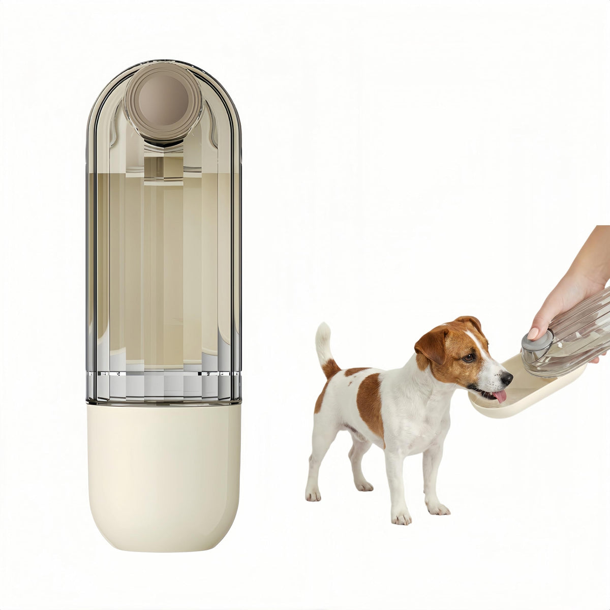 Portable Dog Water Bottle with Food Container, 2-in-1 Pet Water Dispenser & Travel Bowl, Leak-Proof Puppy Water Bottle for Small Dogs & Cats, Perfect for Walking, Hiking, Dog Mom Gifts (Beige)