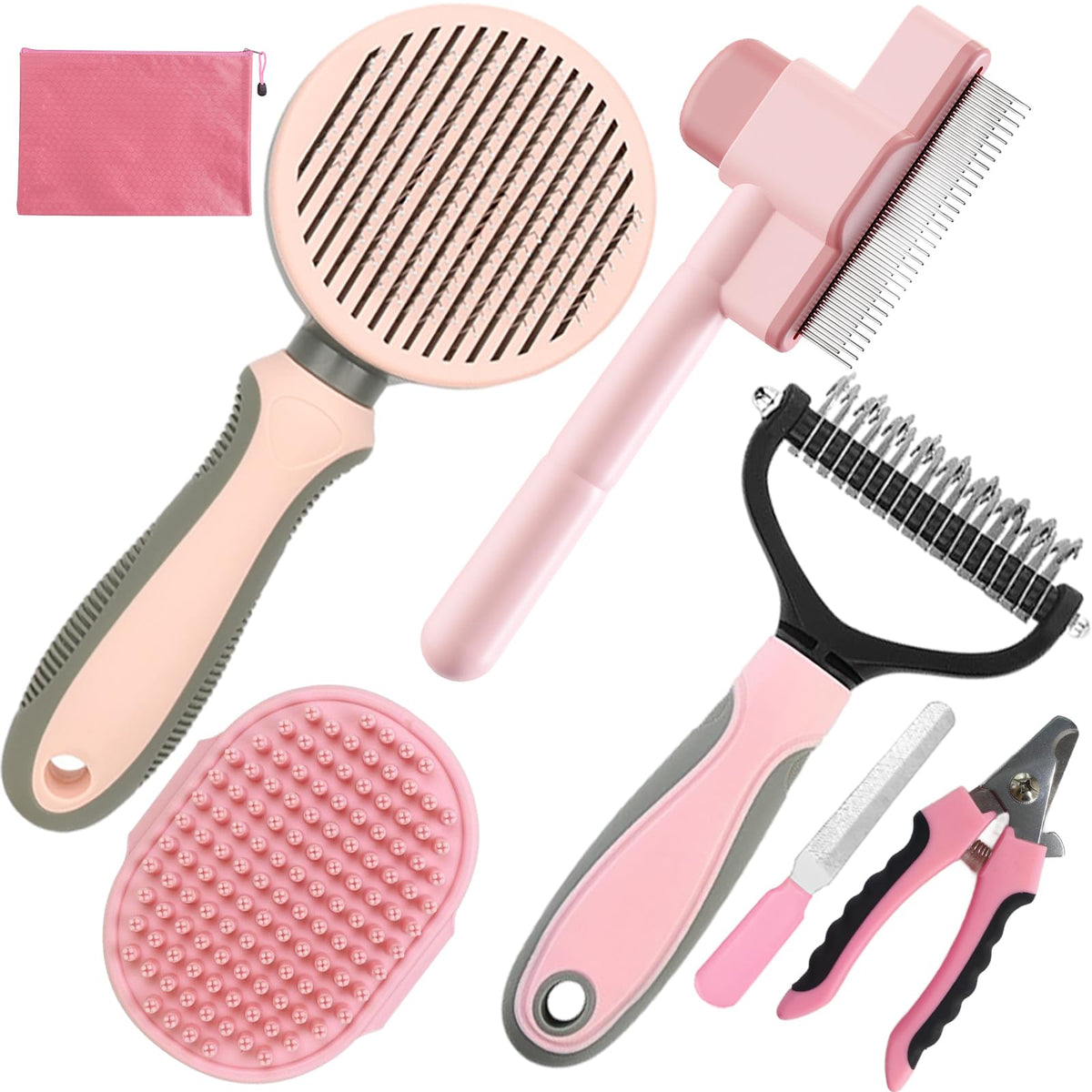 Pet Grooming Kit - 7 PCS Green Deshedding Brush Set with Undercoat Rake, Slicker Brush, Bath Brush & Nail Clipper for Short & Long-Haired Dogs and Cats