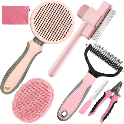 Pet Grooming Kit - 7 PCS Green Deshedding Brush Set with Undercoat Rake, Slicker Brush, Bath Brush & Nail Clipper for Short & Long-Haired Dogs and Cats